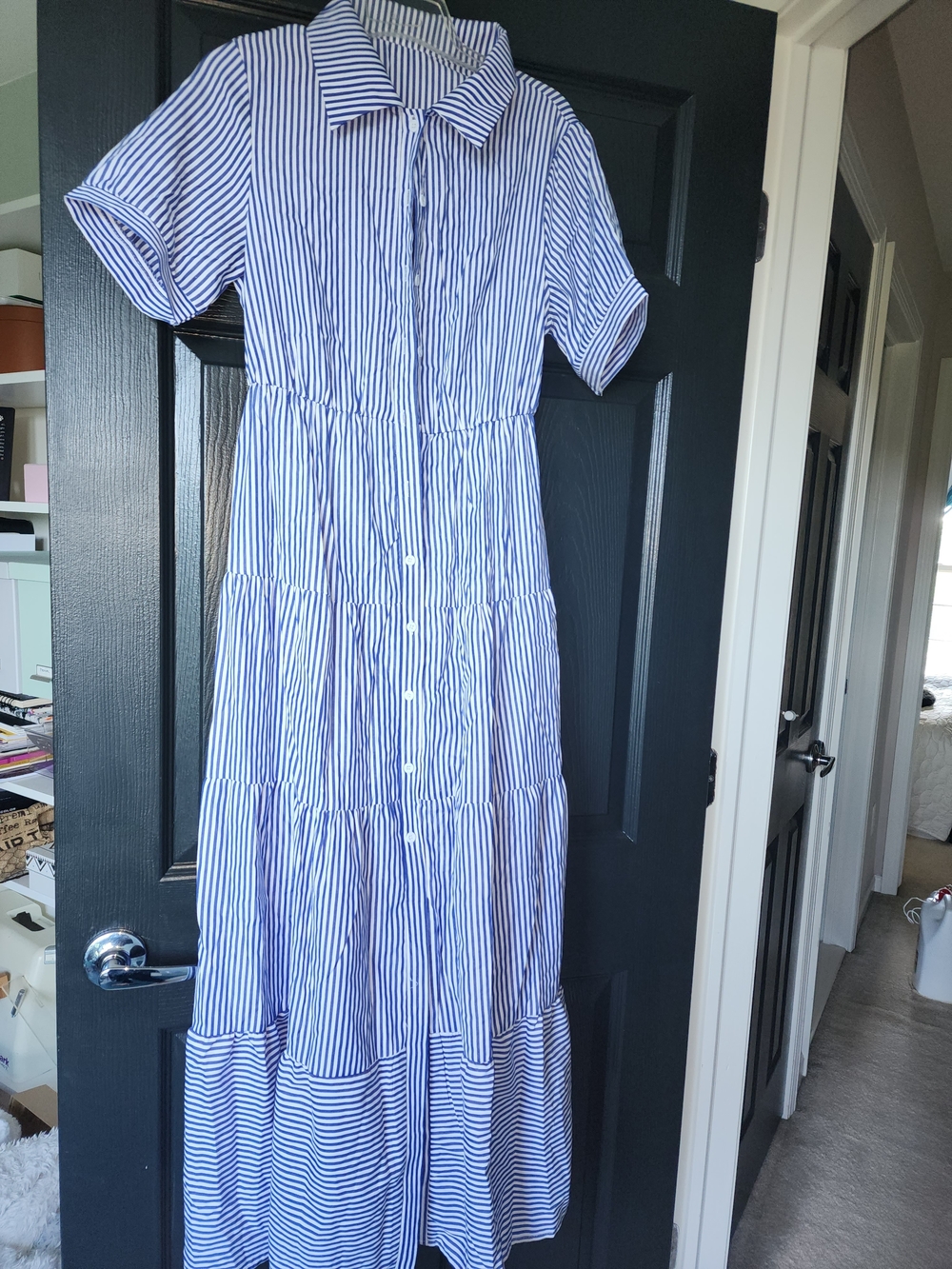 SHEIN Blue and White Vertical Stripe Tiered Shirt Dress